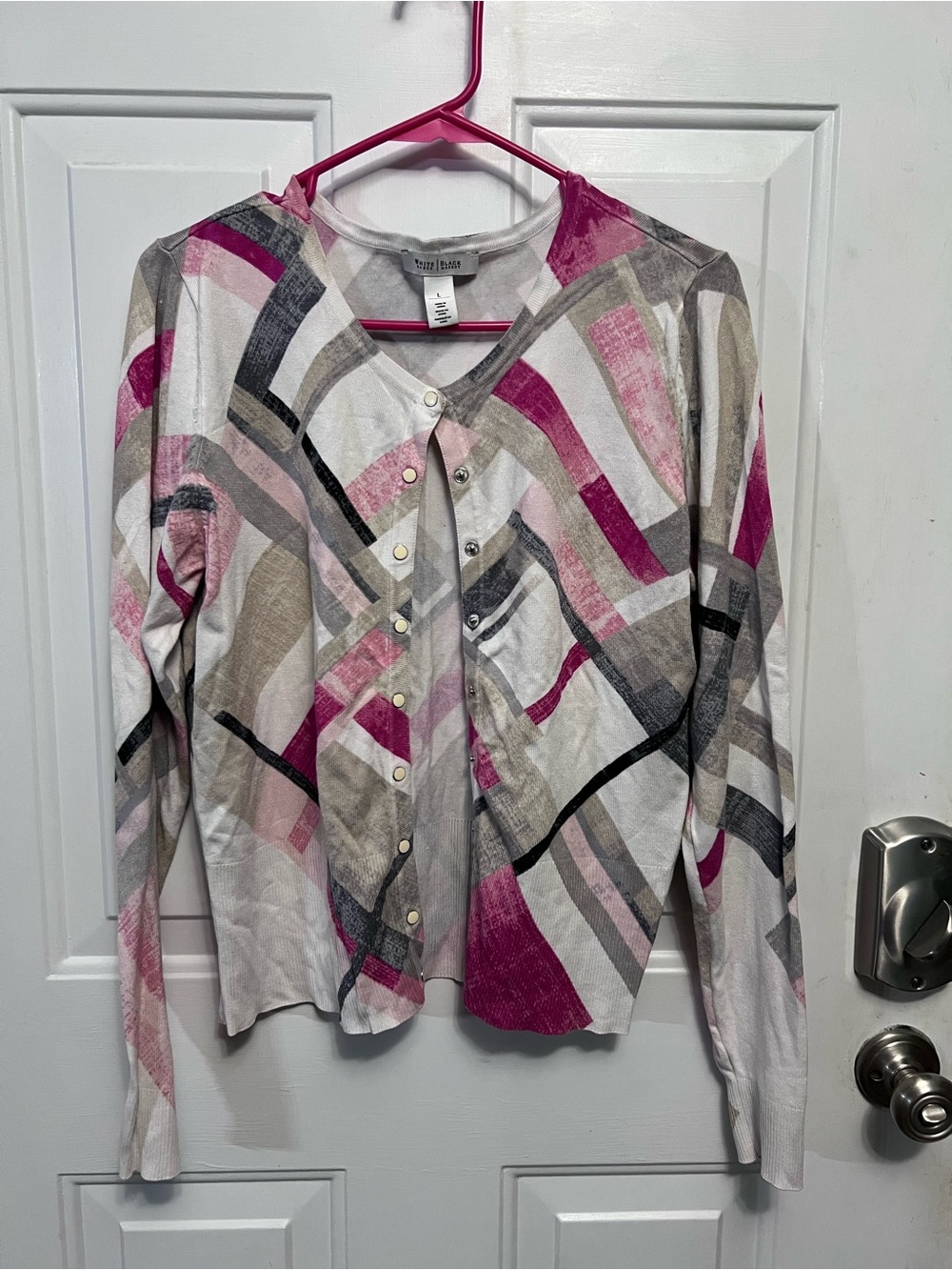 White House Black Market Cardigan Large Pink Gray Abstract Geometric Snap Front